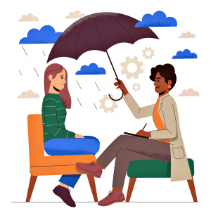 Graphic of two women sitting on chairs with umbrella - choosing a therapist