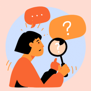Illustration of person with magnifying glass and question balloons